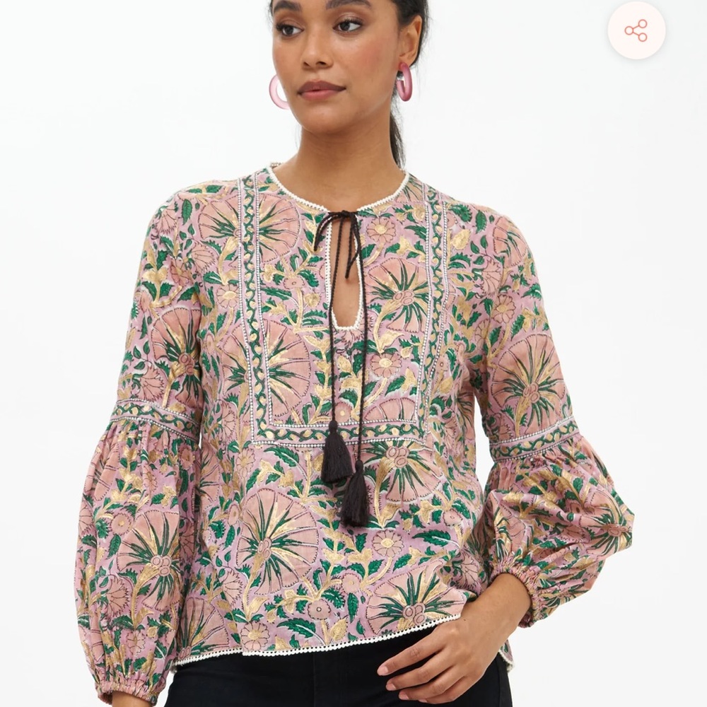 Oliphant Pink Tie Front Blouse with Mandarin Collar